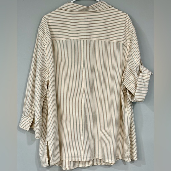 LIZ CLAIBORNE Ivory Blue Peach Striped Seersucker Convertible Button Down Blouse - Picture 3 of 3